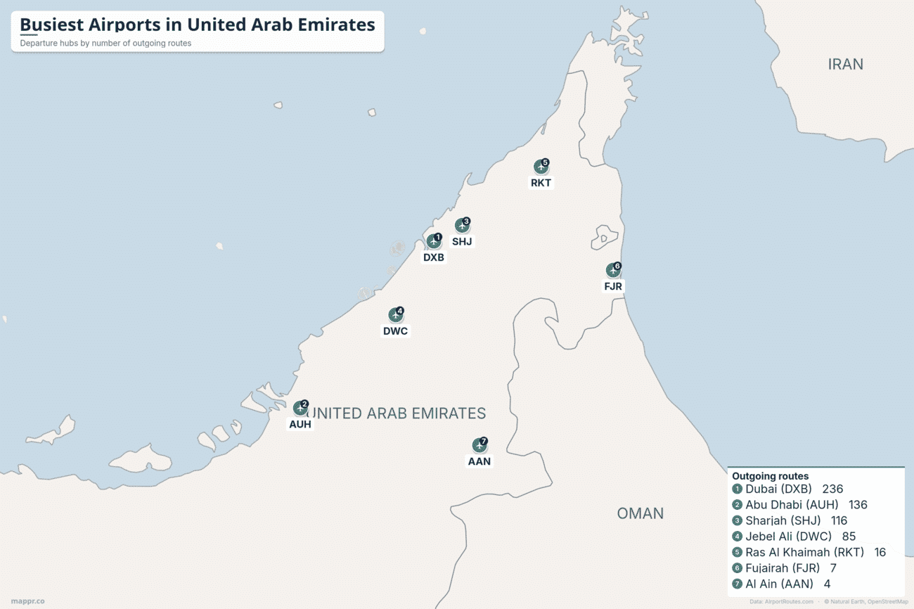 Map of the busiest airports in United Arab Emirates by number of outgoing routes