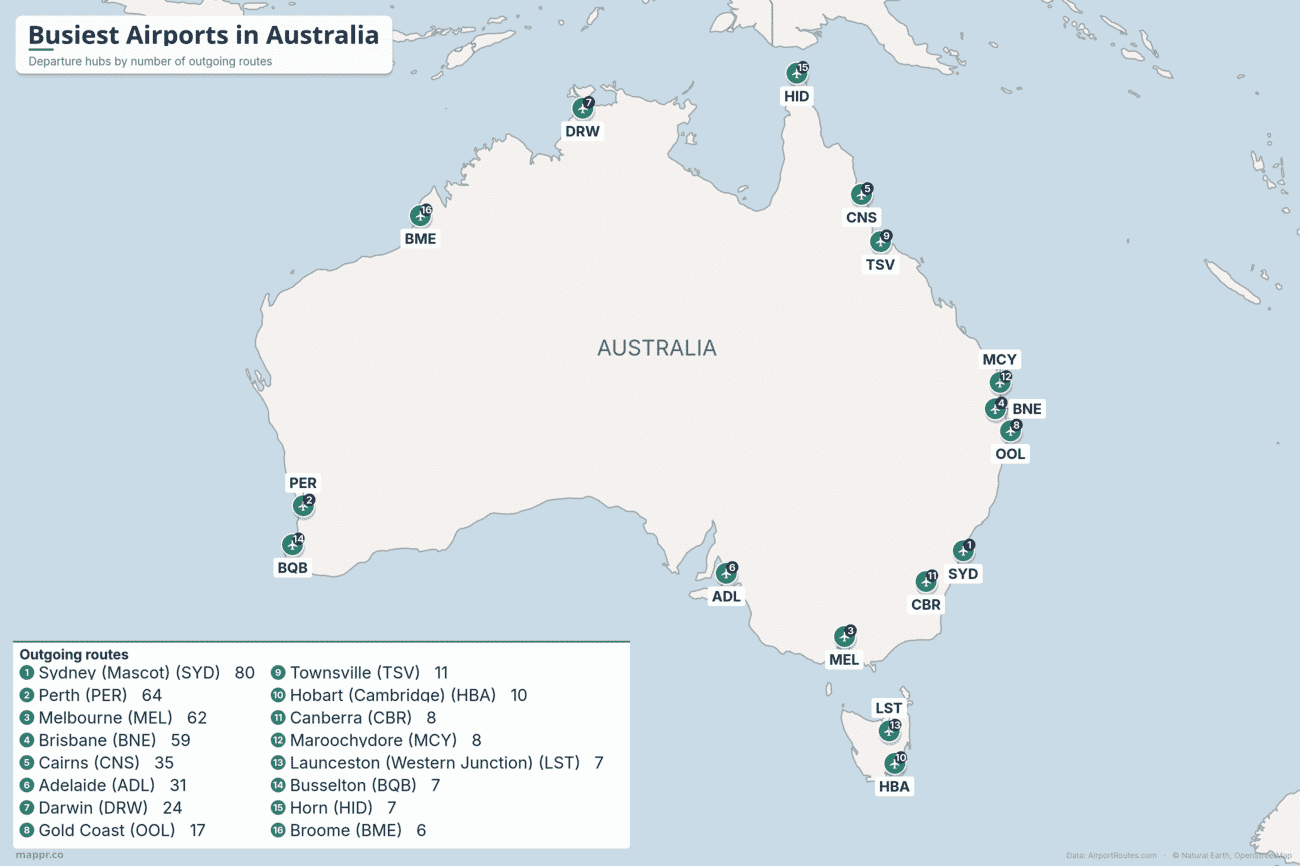 Map of the busiest airports in Australia by number of outgoing routes