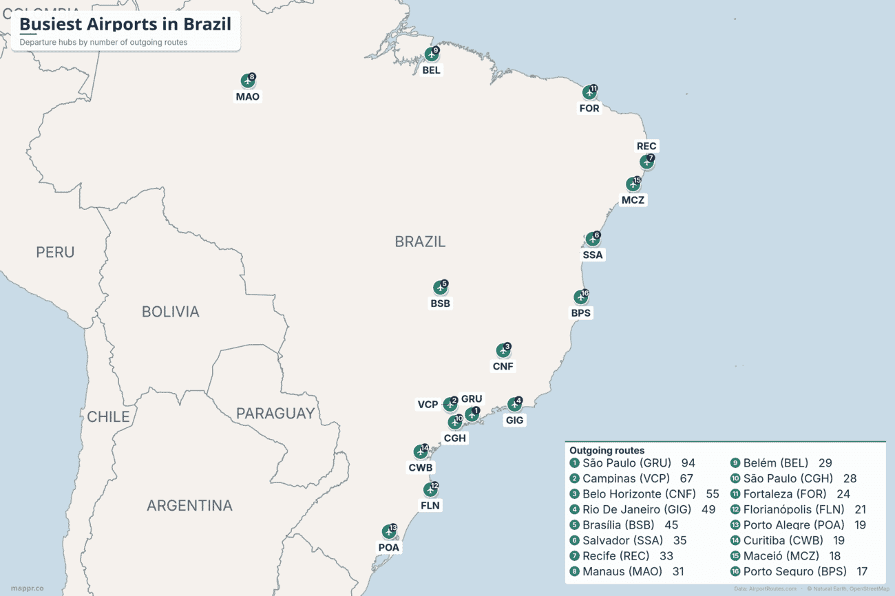 Map of the busiest airports in Brazil by number of outgoing routes