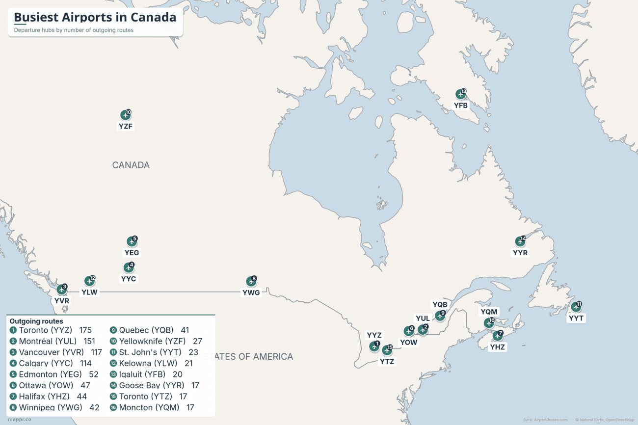 Map of the busiest airports in Canada by number of outgoing routes