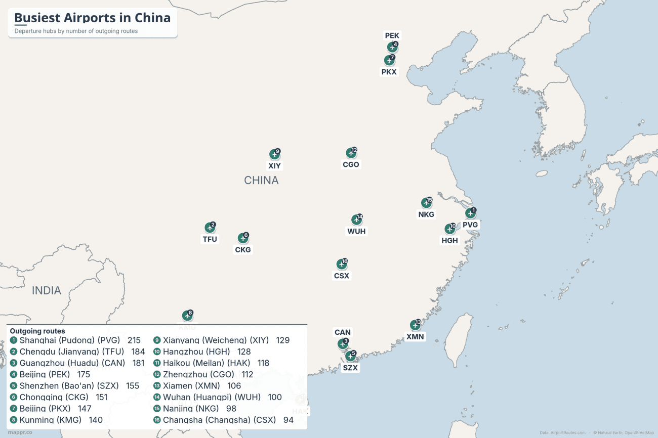 Map of the busiest airports in China by number of outgoing routes