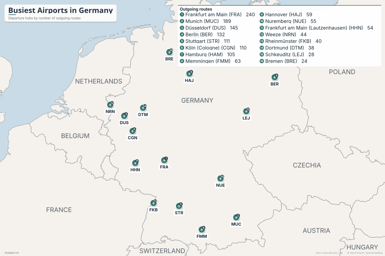 Map of the busiest airports in Germany by number of outgoing routes