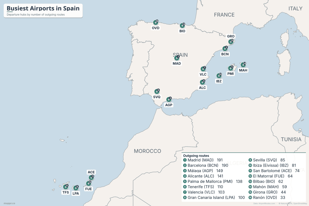 Map of the busiest airports in Spain by number of outgoing routes