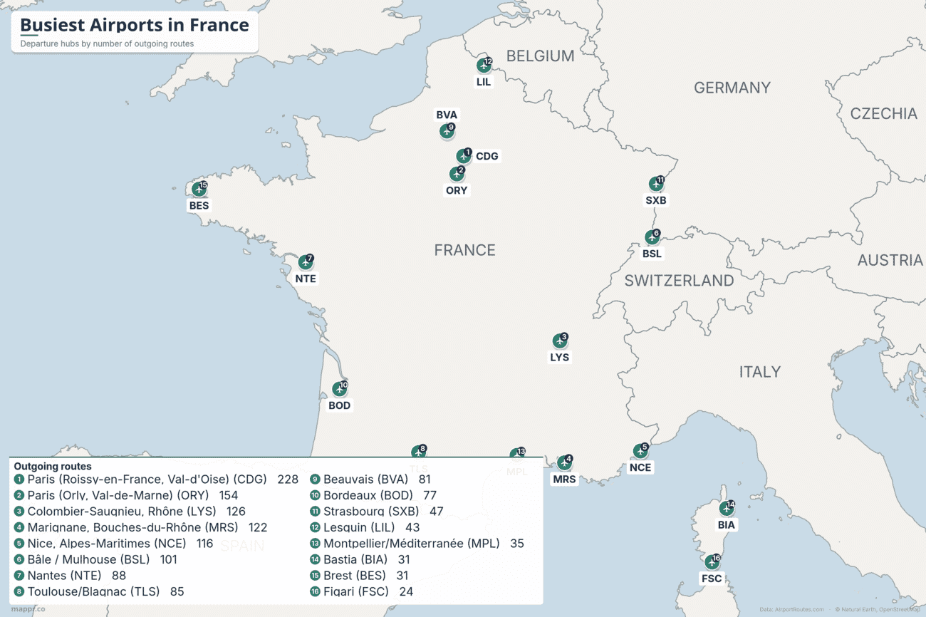 Map of the busiest airports in France by number of outgoing routes