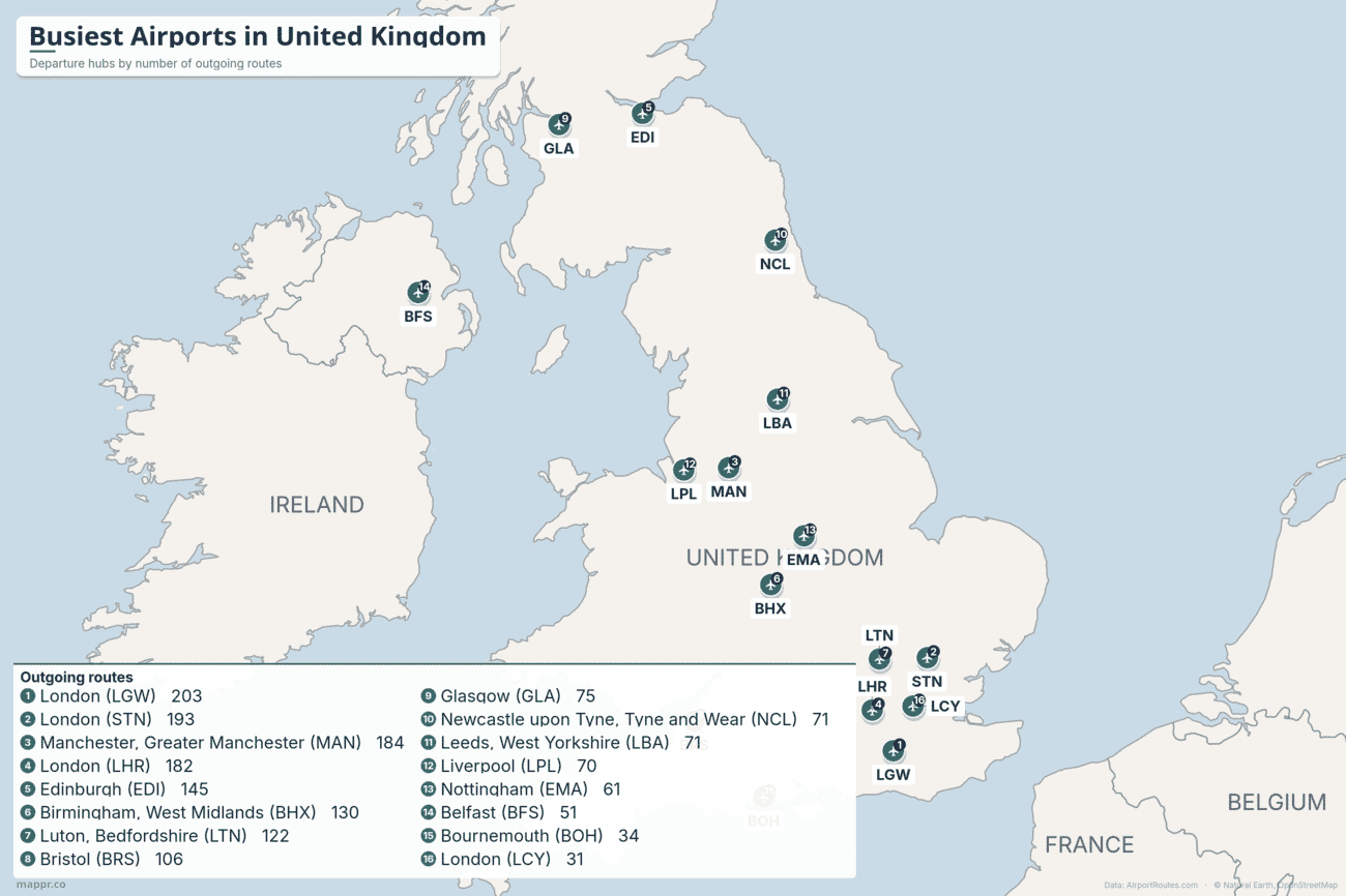 Map of the busiest airports in United Kingdom by number of outgoing routes