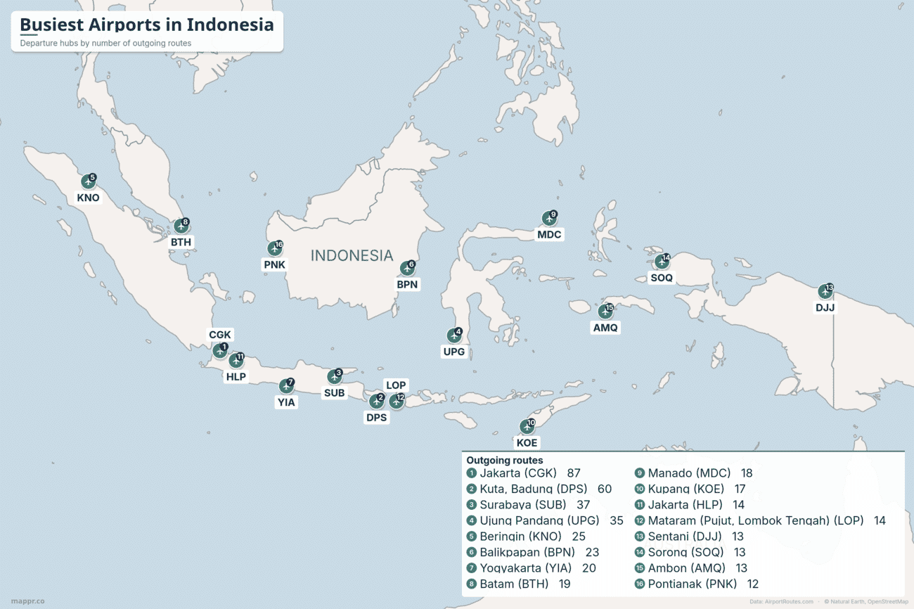 Map of the busiest airports in Indonesia by number of outgoing routes