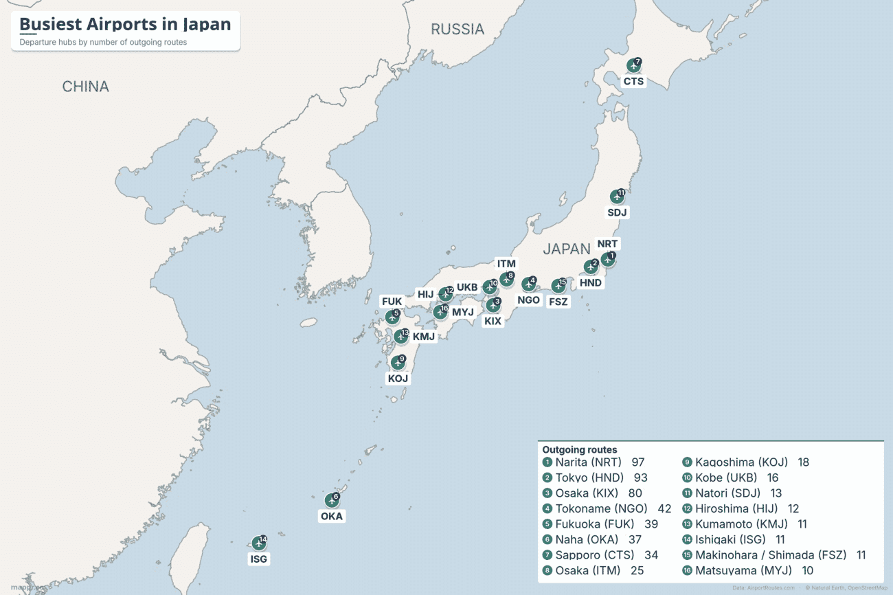 Map of the busiest airports in Japan by number of outgoing routes