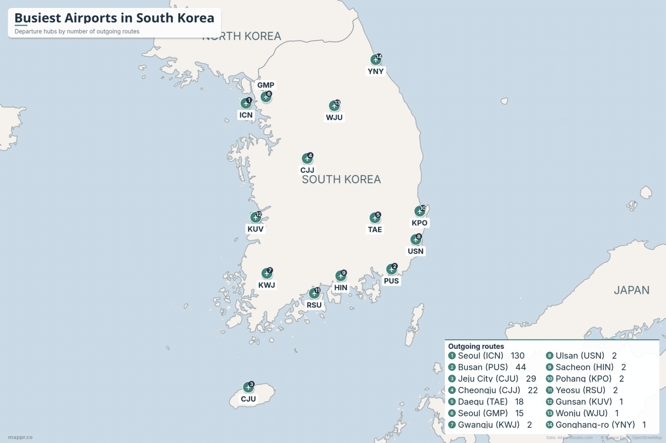 Map of the busiest airports in South Korea by number of outgoing routes