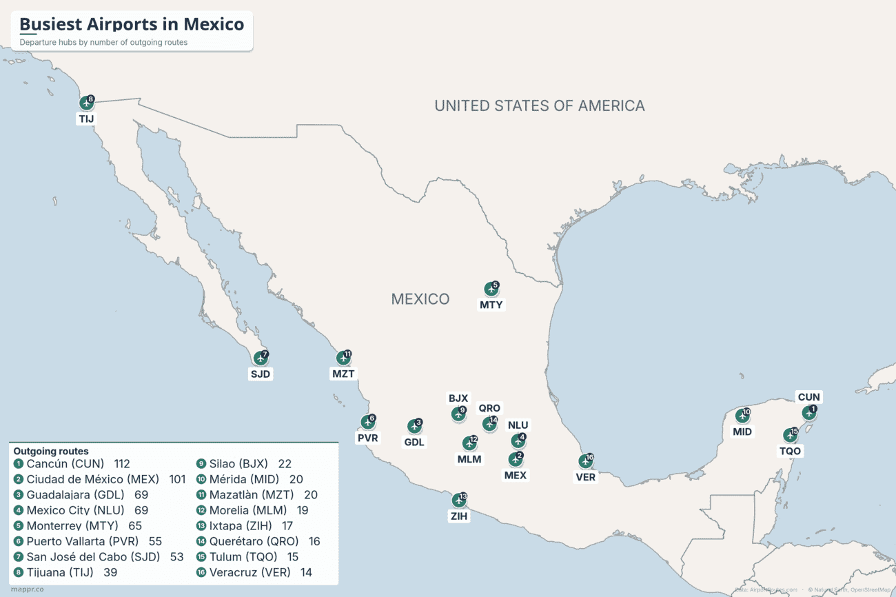 Map of the busiest airports in Mexico by number of outgoing routes
