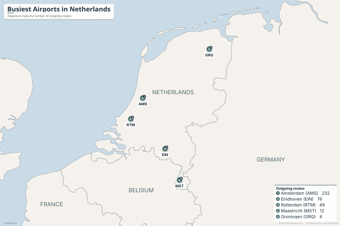 Map of the busiest airports in Netherlands by number of outgoing routes