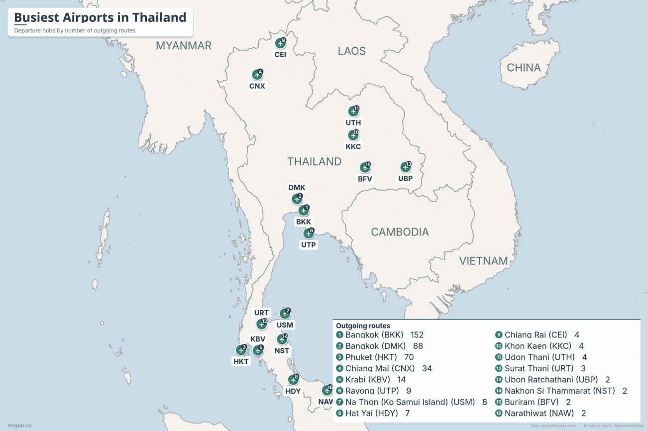Map of the busiest airports in Thailand by number of outgoing routes