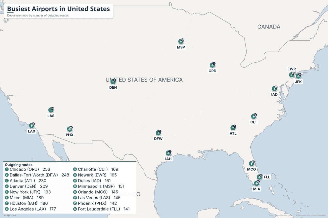 Map of the busiest airports in United States by number of outgoing routes