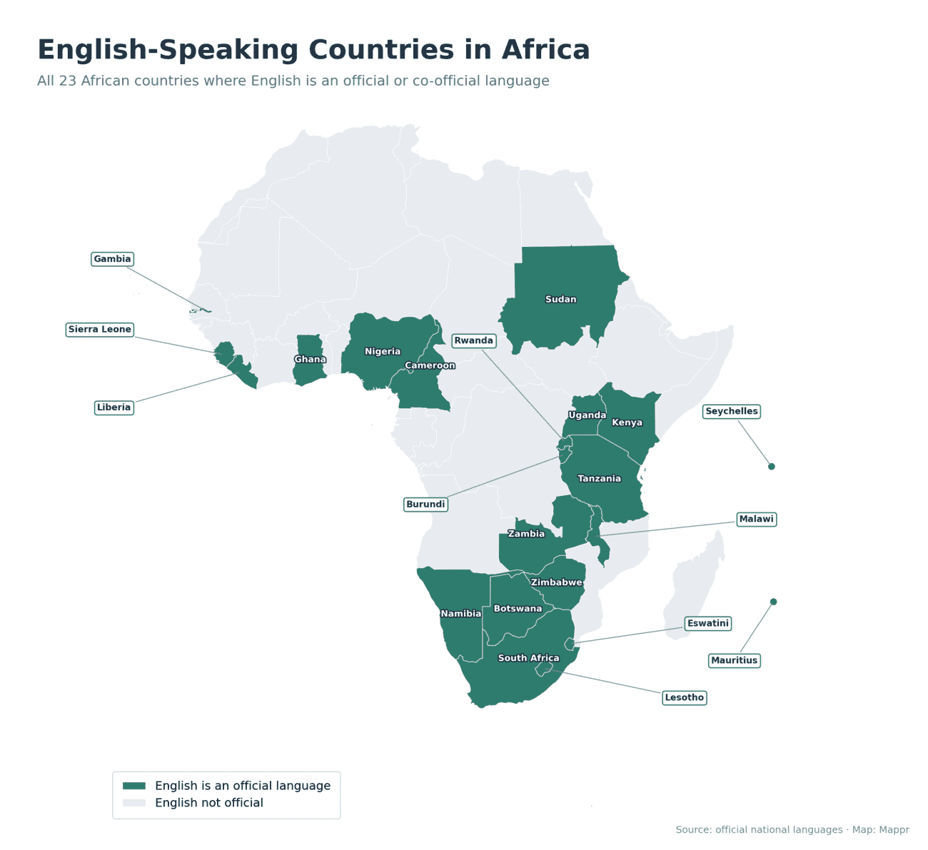 Map of the 23 African countries where English is an official language