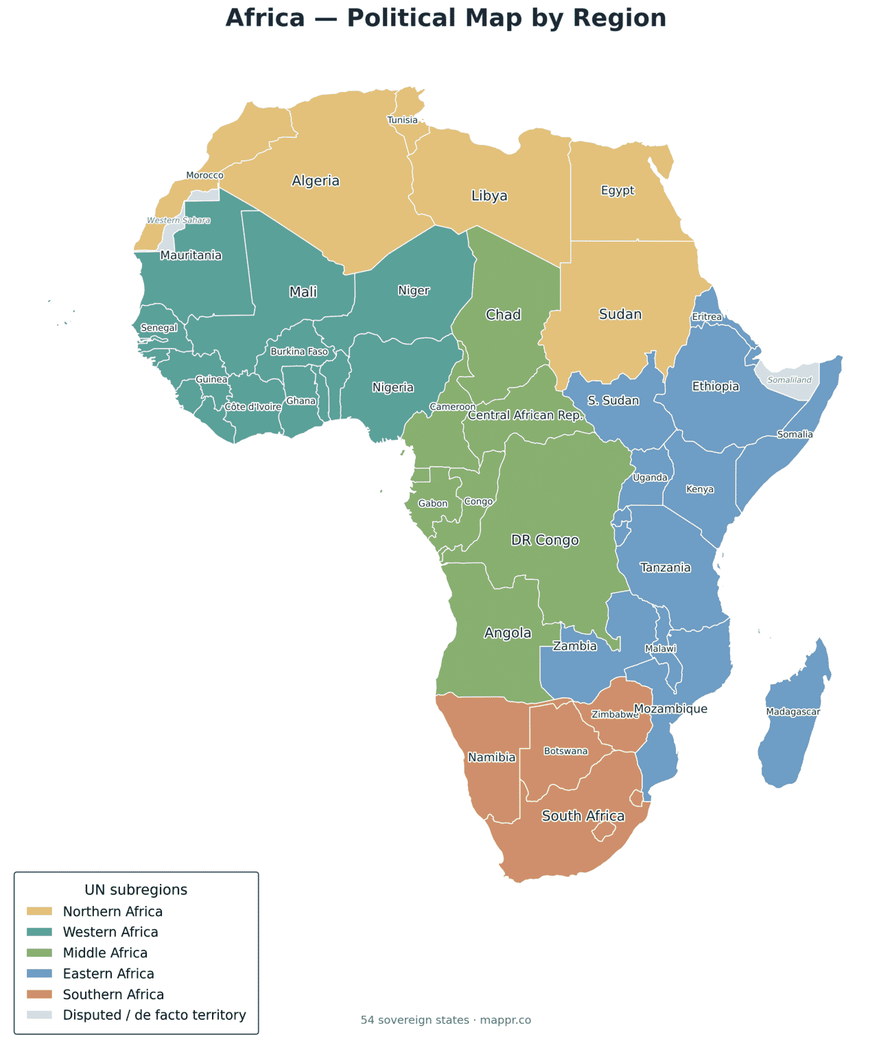 Political map of Africa showing all 54 countries colored by UN subregion — Northern, Western, Middle, Eastern and Southern Africa