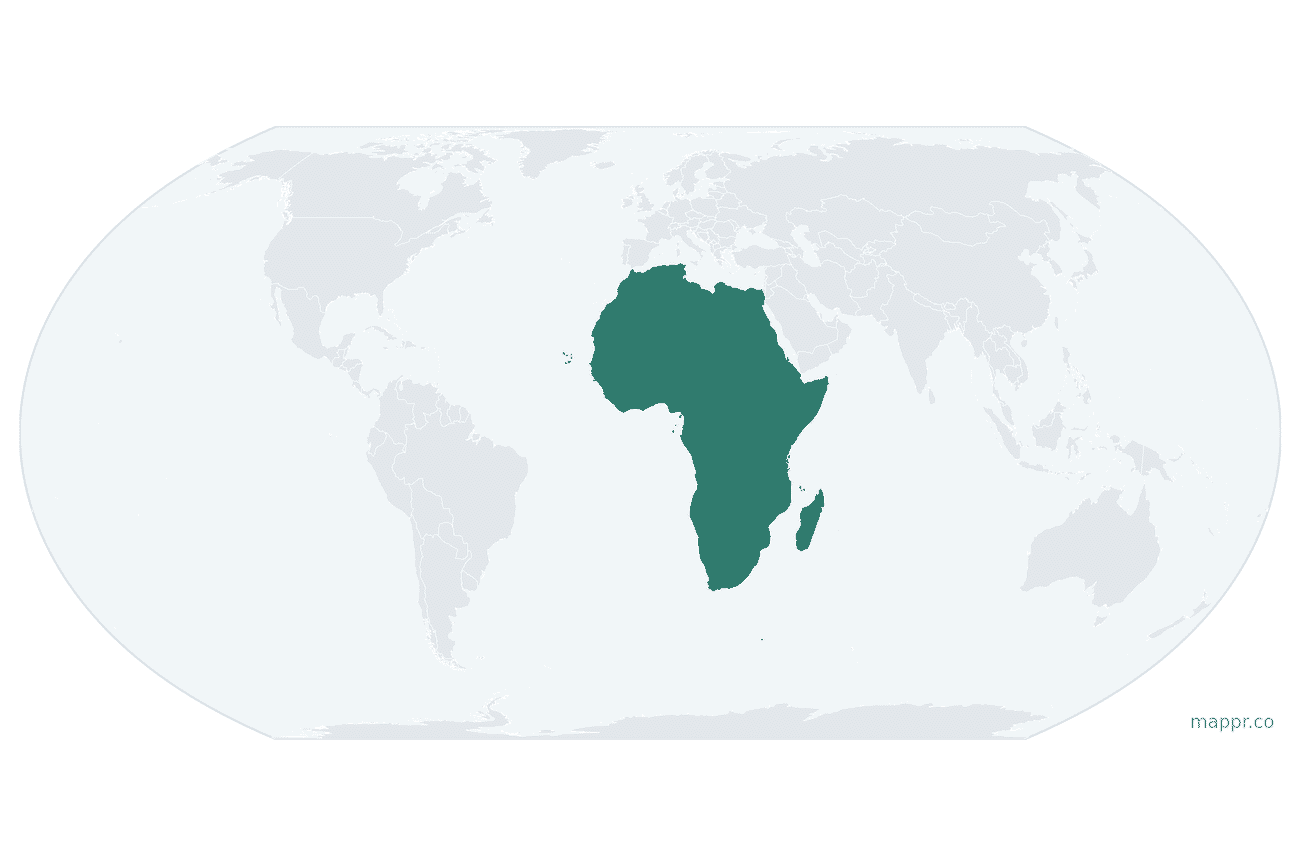 World map with the African continent highlighted in green against the other continents shown in grey