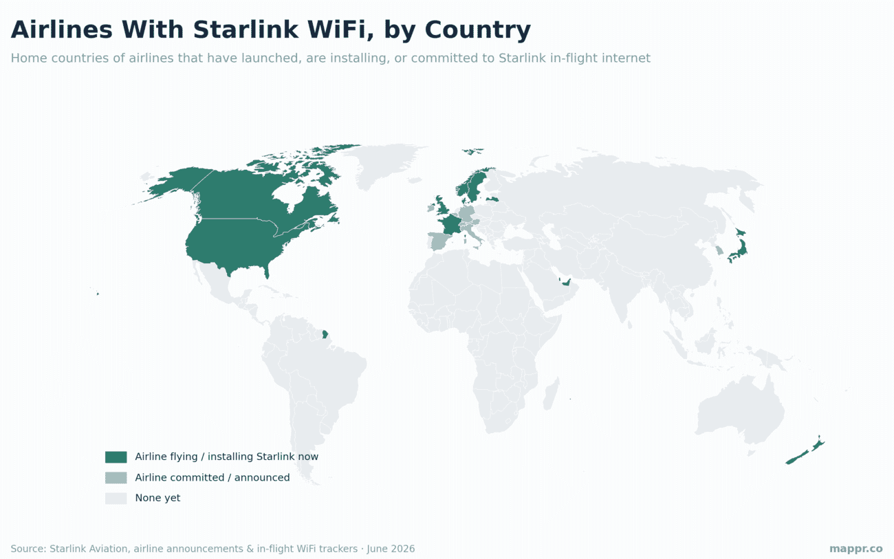 World map highlighting the home countries of airlines that offer or have committed to Starlink in-flight WiFi