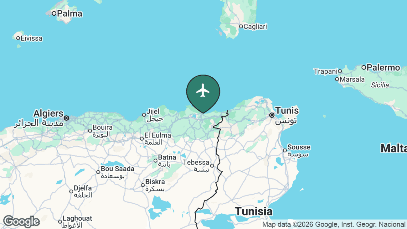 Map showing the location of Annaba Airport (AAE) in Algeria
