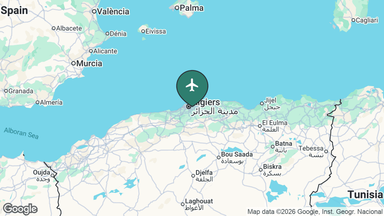 Map showing the location of Algiers Airport (ALG) in Algeria