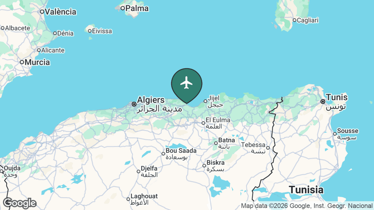 Map showing the location of Bejaia Airport (BJA) in Algeria
