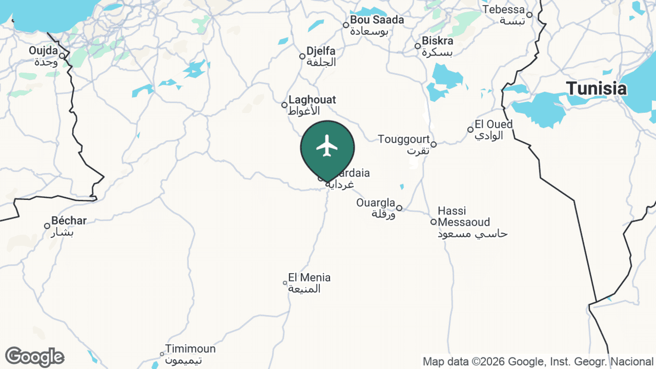 Map showing the location of Ghardaia Airport (GHA) in Algeria