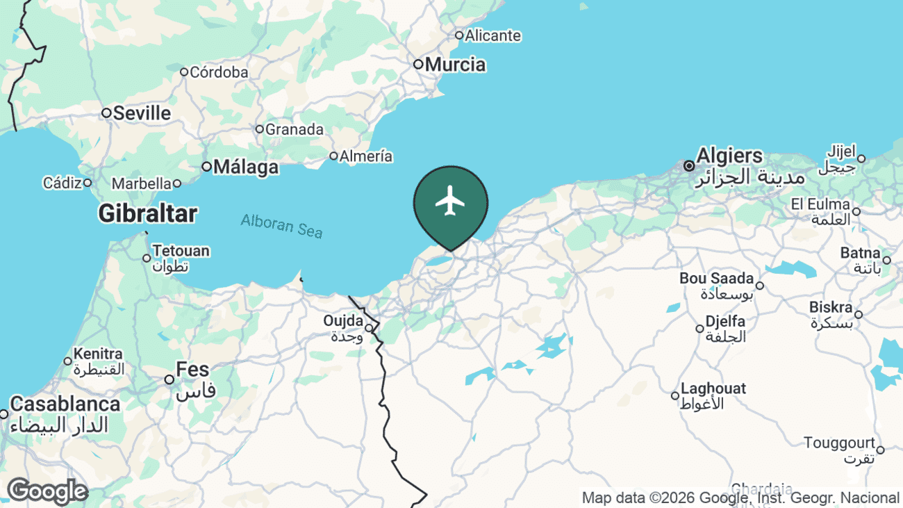 Map showing the location of Oran Airport (ORN) in Algeria