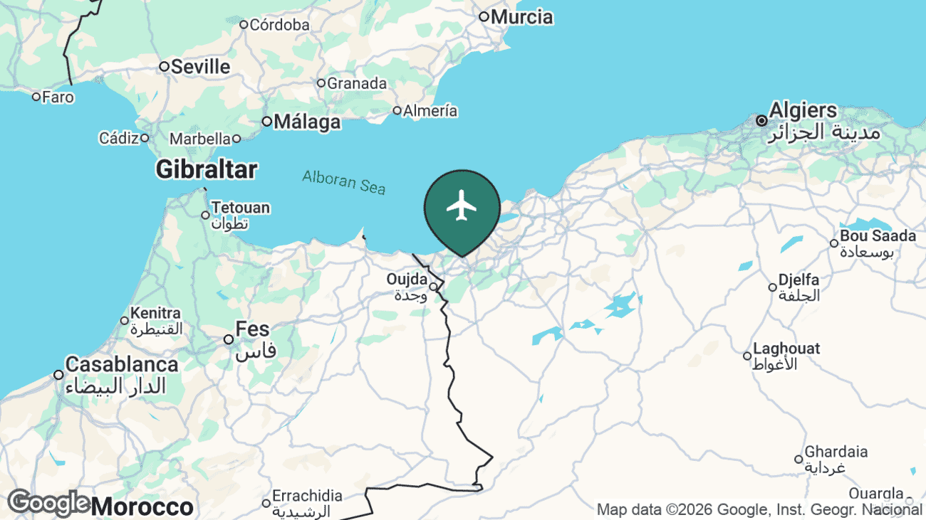 Map showing the location of Tlemcen Airport (TLM) in Algeria