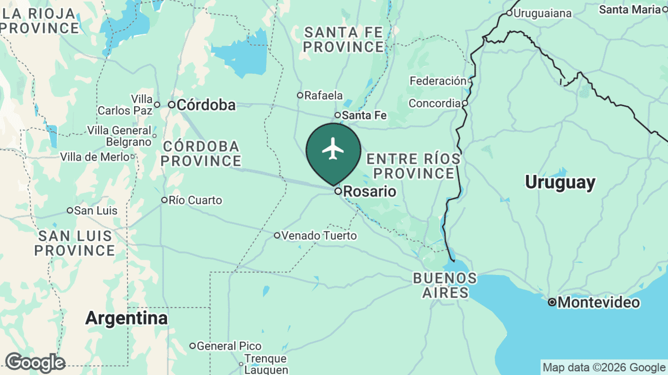 Map showing the location of Rosario – Islas Malvinas International Airport (ROS) in Argentina