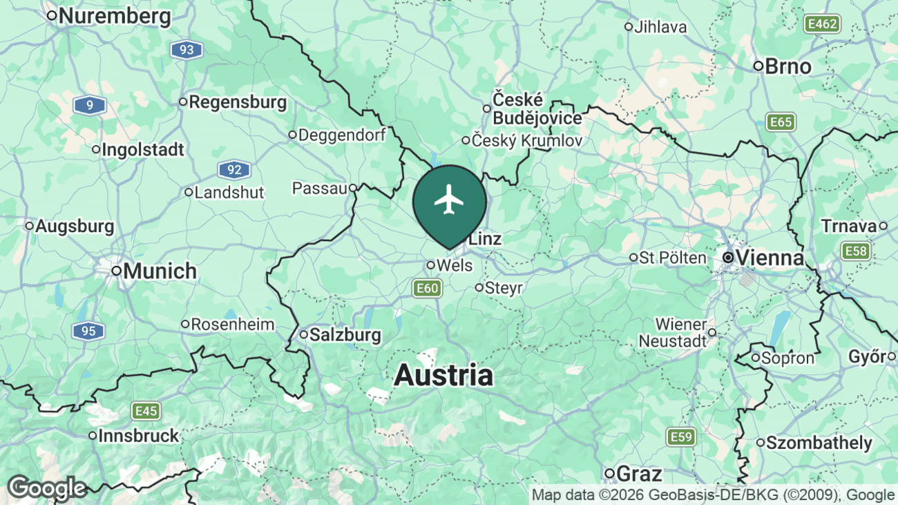 Map showing the location of Linz Airport (LNZ) in Austria