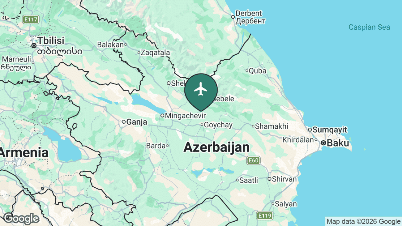 Map showing the location of Gabala International Airport (GBB) in northern Azerbaijan