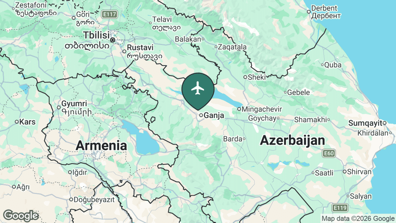 Map showing the location of Ganja International Airport (GNJ) near Ganja, Azerbaijan