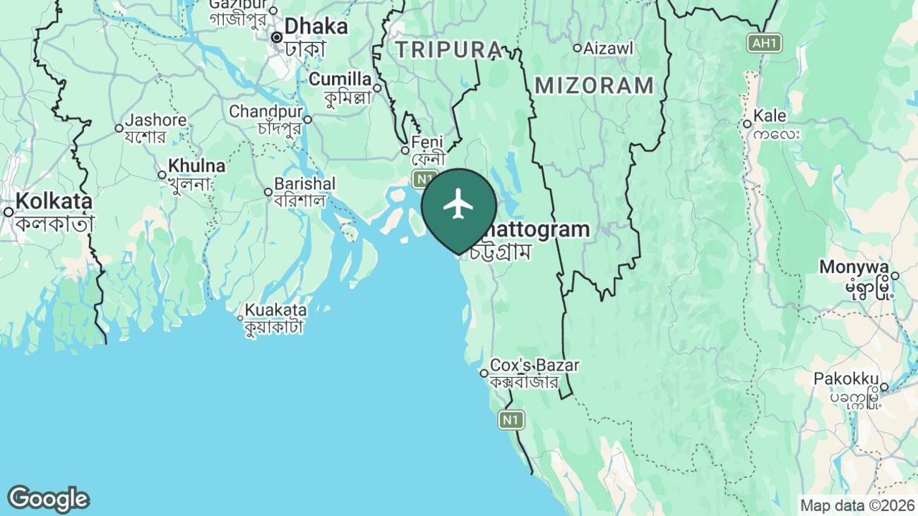 Map showing the location of Shah Amanat International Airport (CGP) near Chittagong, south-eastern Bangladesh