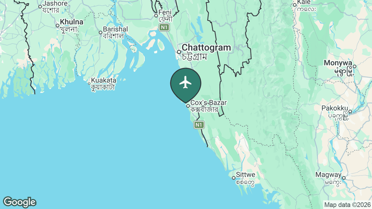 Map showing the location of Cox's Bazar Airport (CXB) on the south-eastern coast of Bangladesh