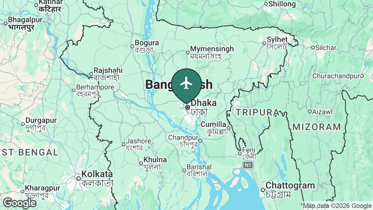Map showing the location of Hazrat Shahjalal International Airport (DAC) near Dhaka, Bangladesh
