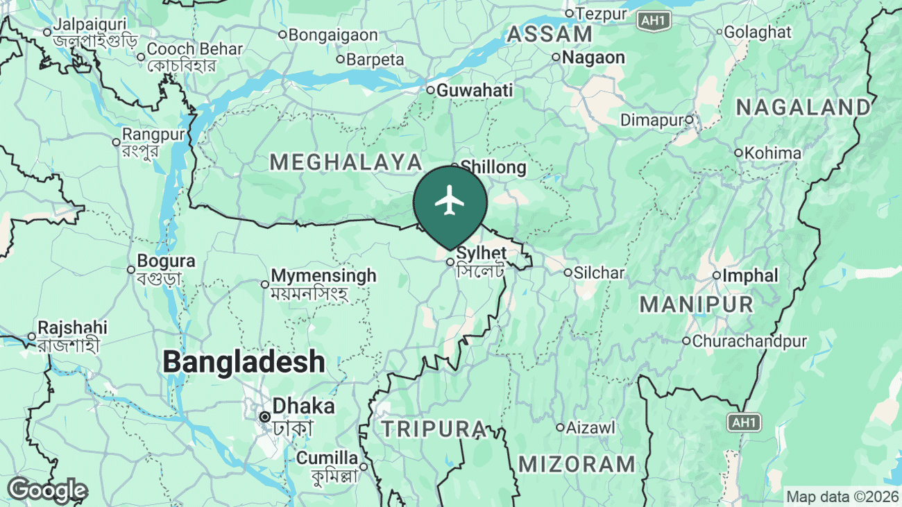 Map showing the location of Osmany International Airport (ZYL) near Sylhet, north-eastern Bangladesh