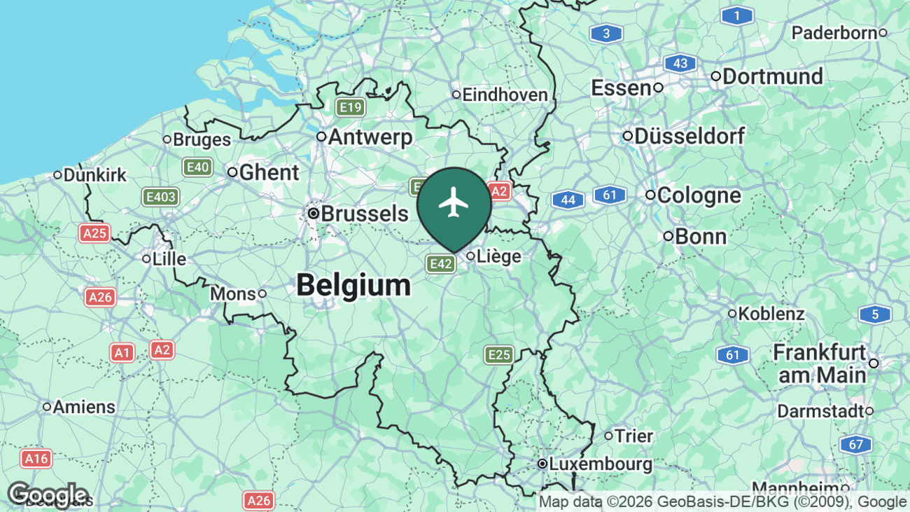 Map showing the location of Liège Airport (LGG) in eastern Belgium