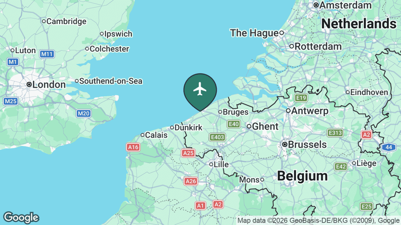 Map showing the location of Ostend-Bruges International Airport (OST) on the Belgian coast