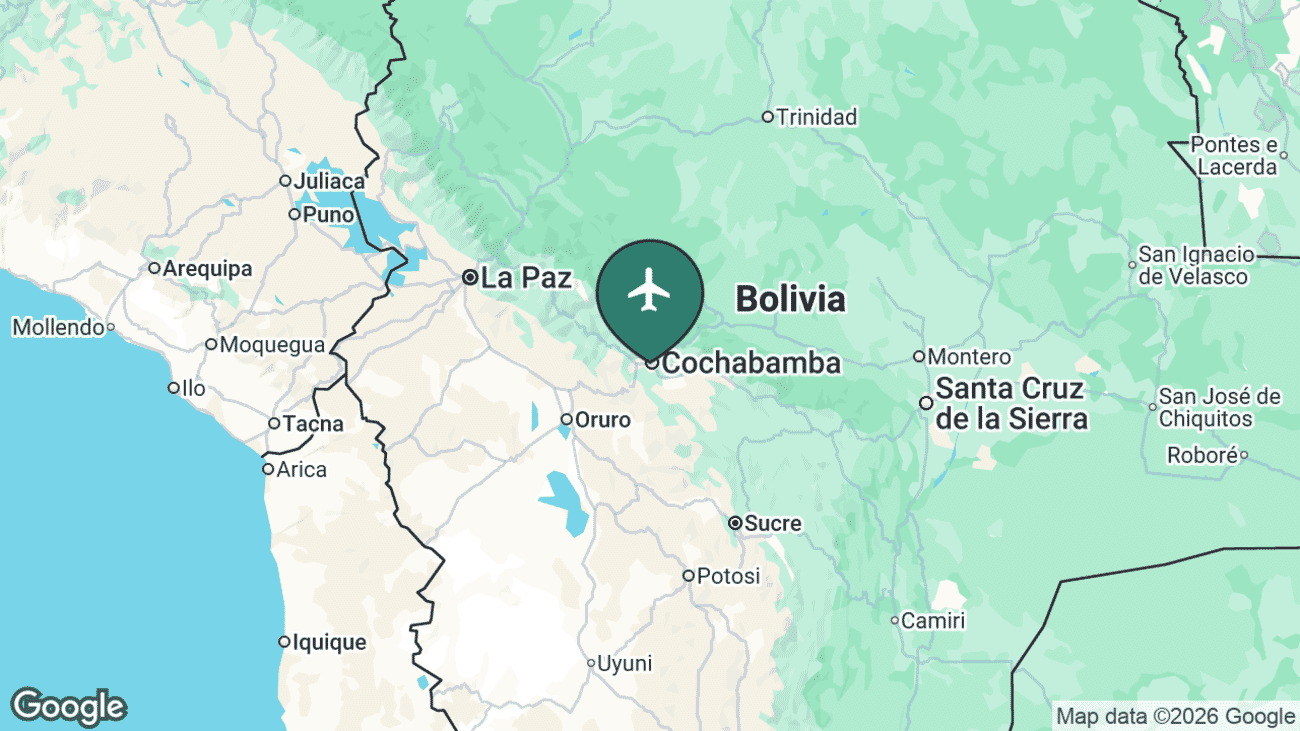 Map showing the location of Cochabamba's airport (CBB) in Bolivia