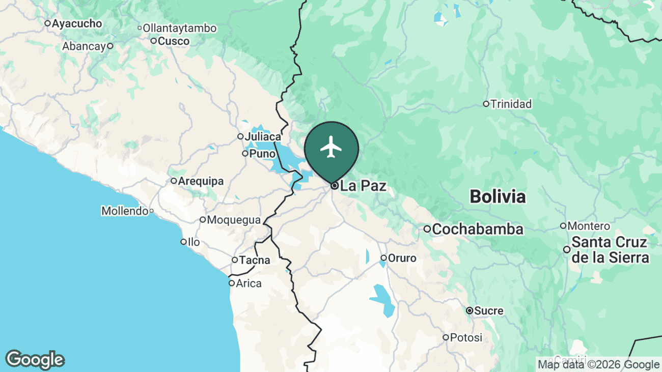 Map showing the location of La Paz's airport (LPB) in Bolivia