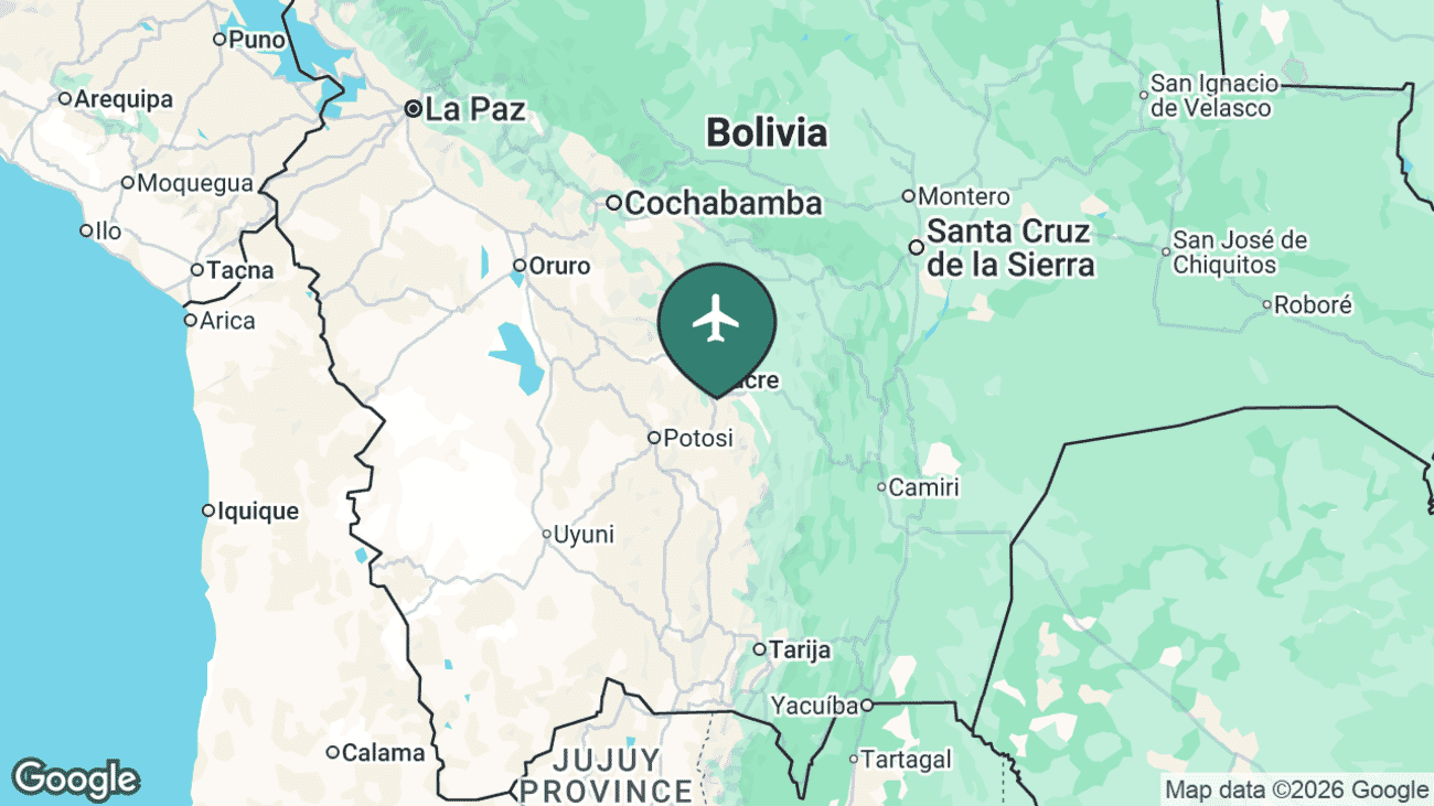 Map showing the location of Sucre's airport (SRE) in Bolivia