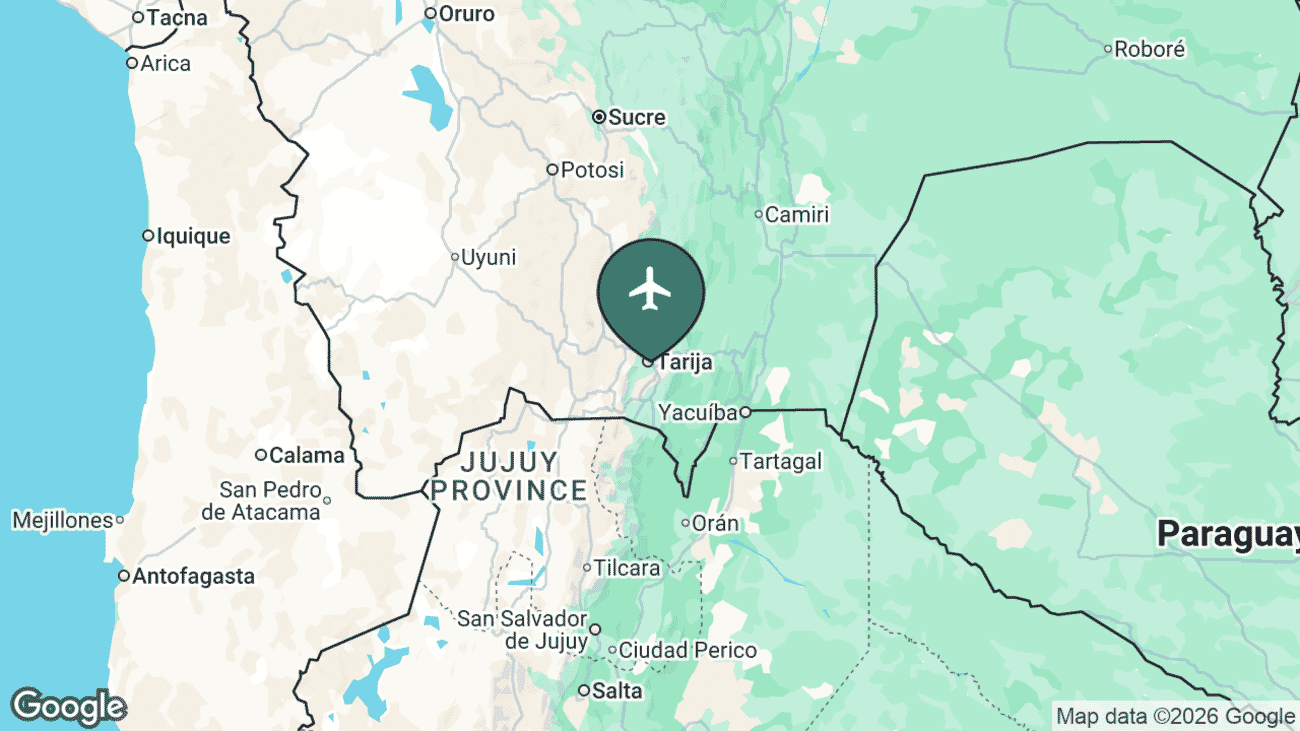 Map showing the location of Tarija's airport (TJA) in Bolivia