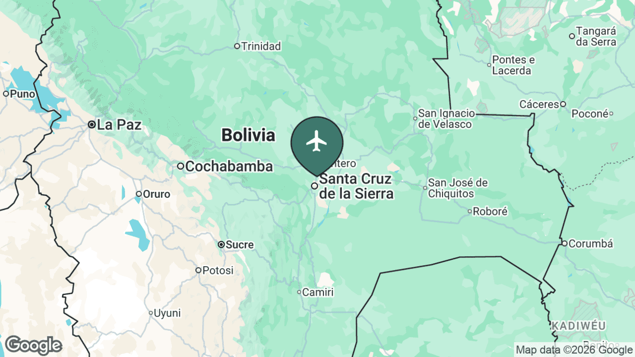 Map showing the location of Santa Cruz's airport (VVI) in Bolivia