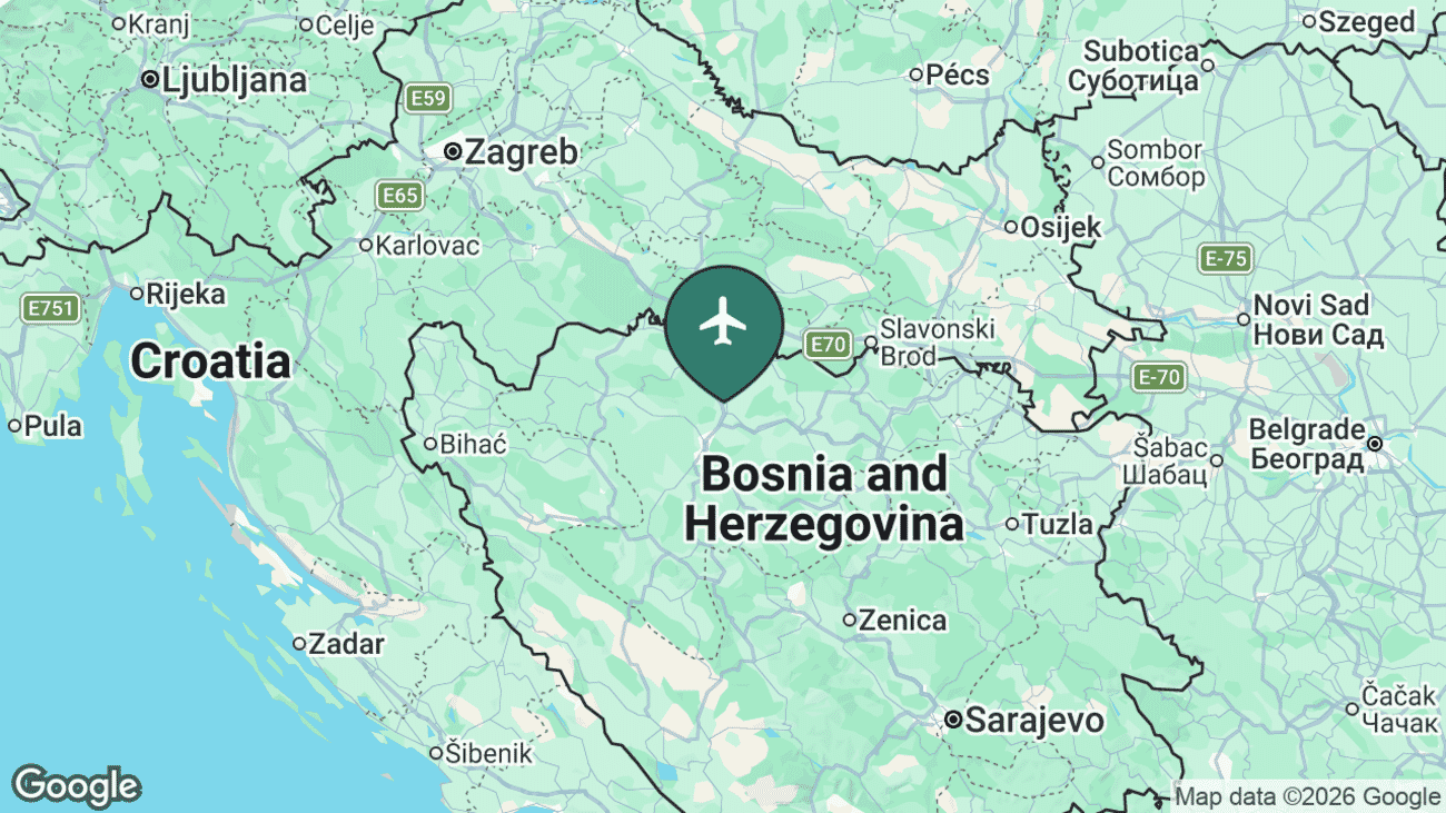 Map showing the location of Banja Luka International Airport (BNX) near Banja Luka, Bosnia and Herzegovina