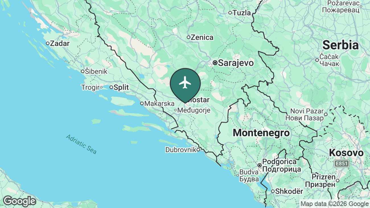 Map showing the location of Mostar International Airport (OMO) near Mostar, Bosnia and Herzegovina