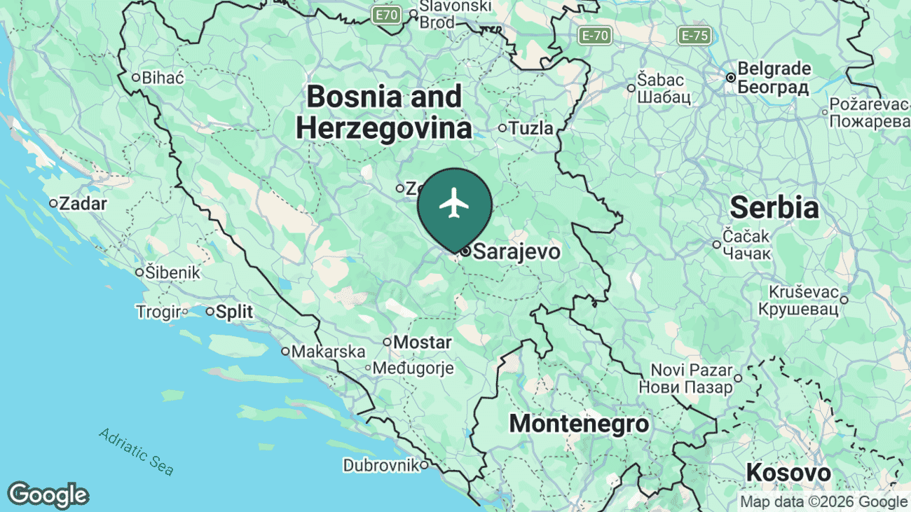 Map showing the location of Sarajevo International Airport (SJJ) near Sarajevo, Bosnia and Herzegovina