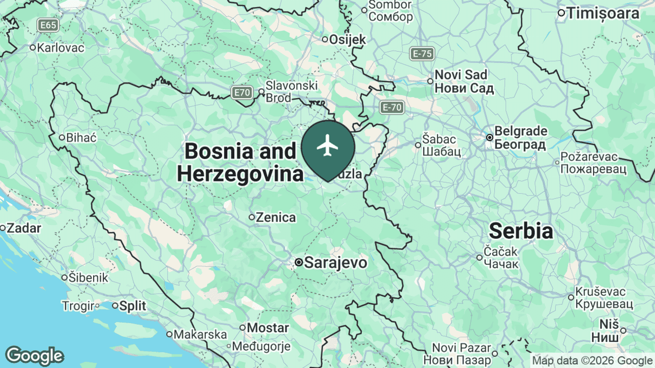 Map showing the location of Tuzla International Airport (TZL) near Tuzla, Bosnia and Herzegovina