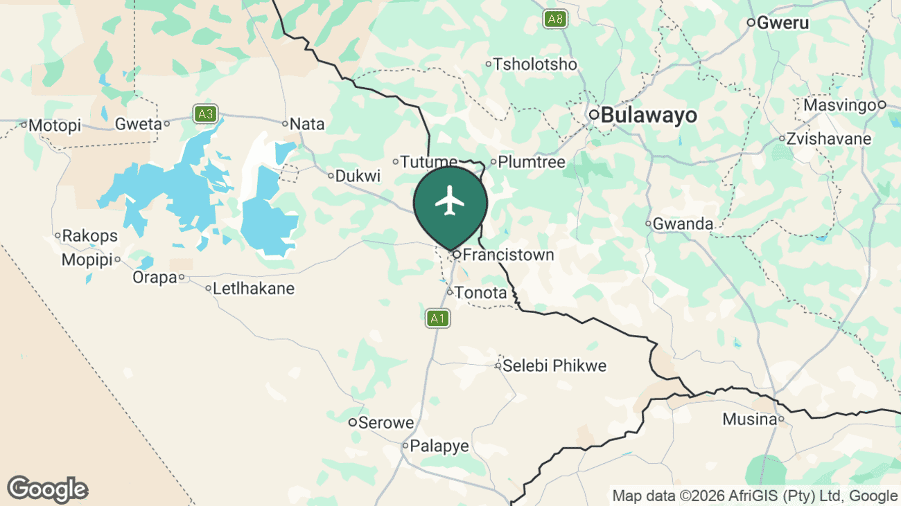 Map showing the location of Francistown (FRW) in Botswana