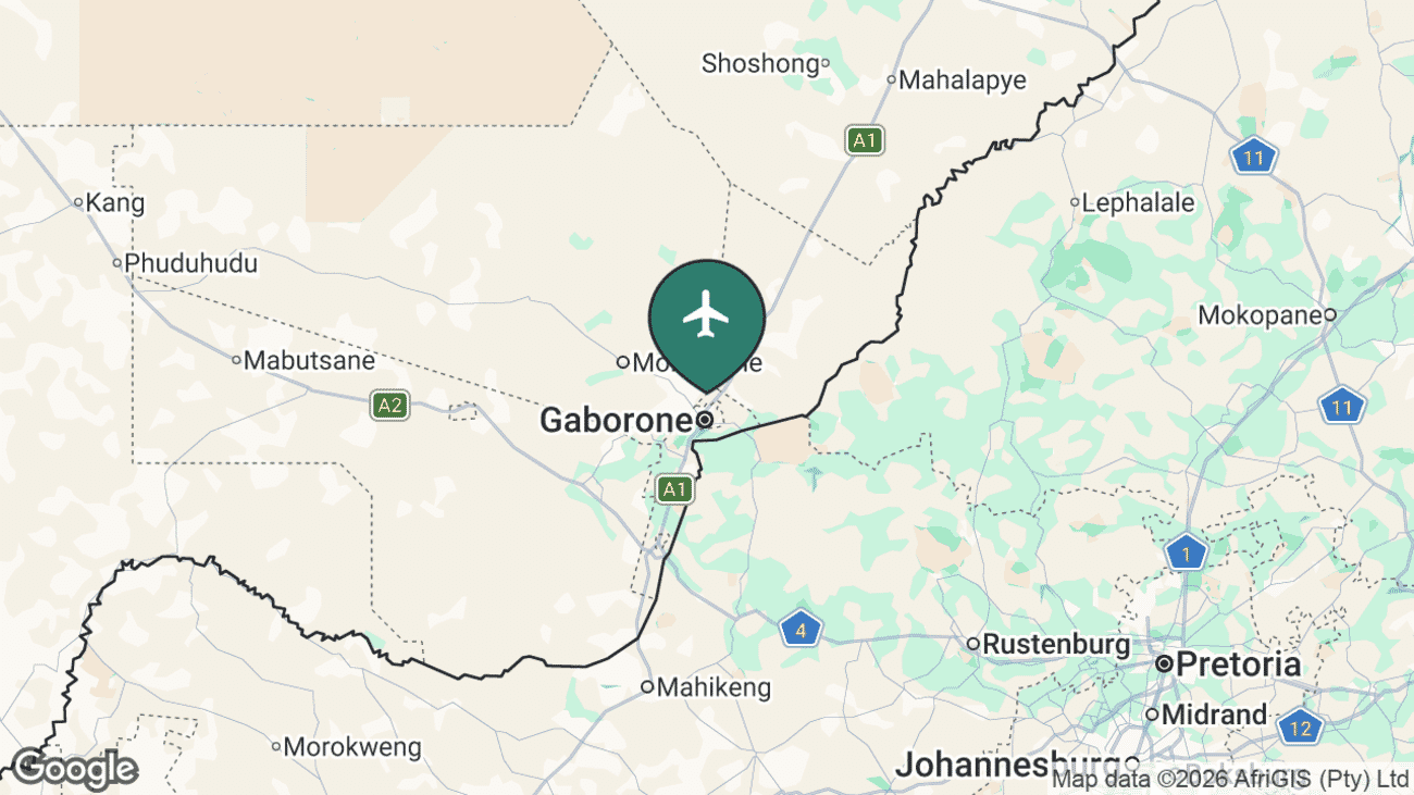 Map showing the location of Gaborone (GBE) in Botswana