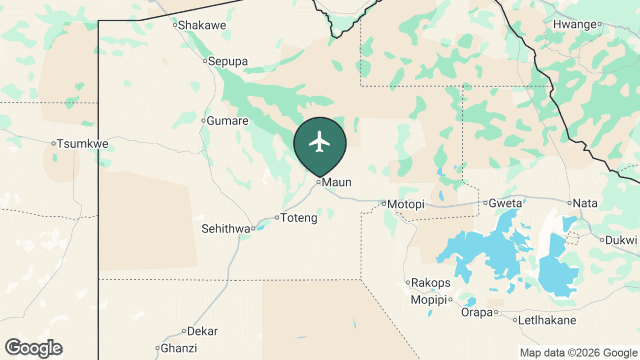 Map showing the location of Maun (MUB) in Botswana