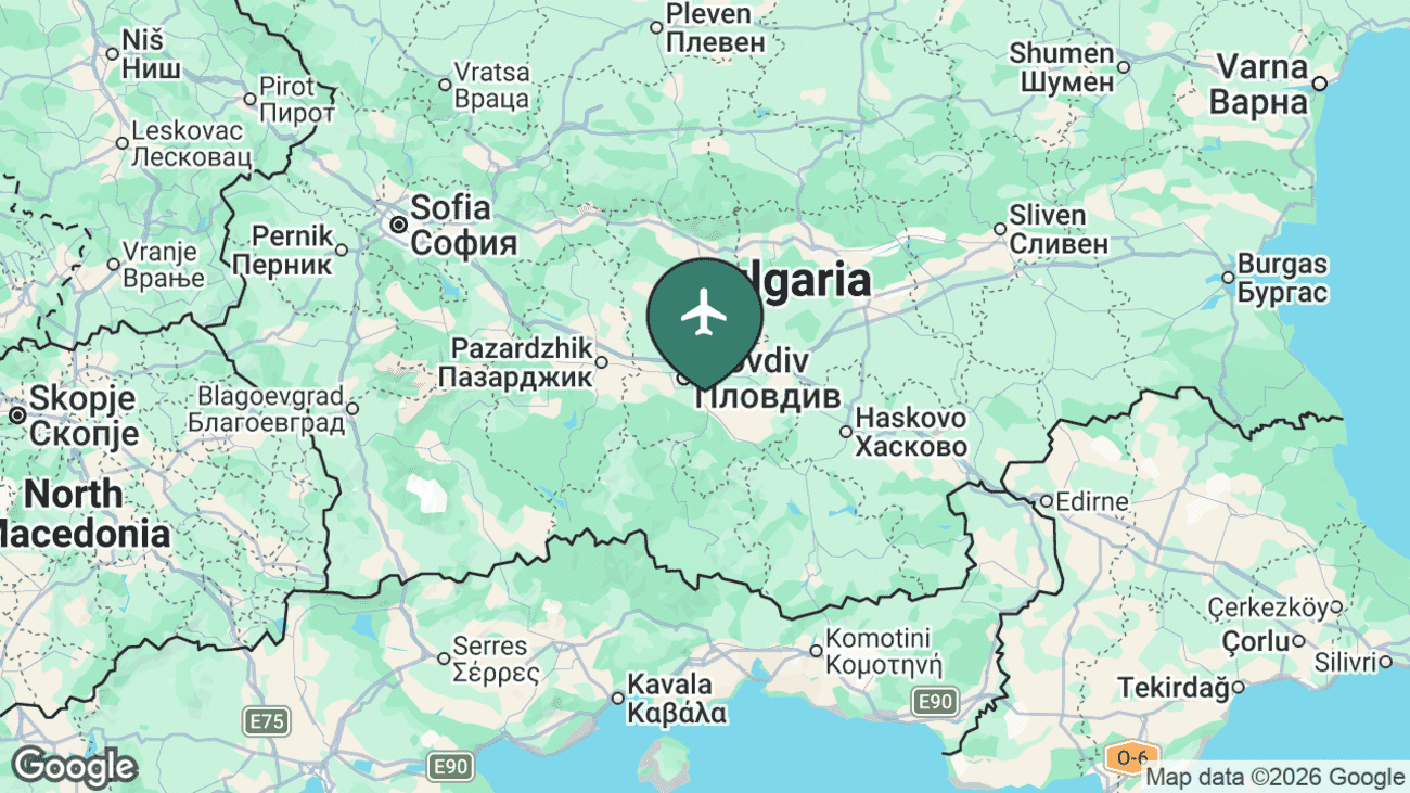 Map showing the location of Plovdiv International Airport (PDV) in Bulgaria