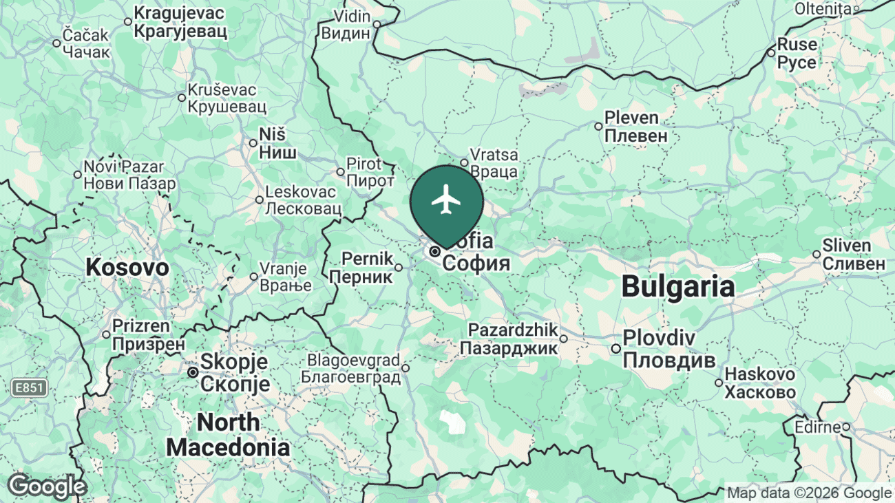 Map showing the location of Sofia Airport (SOF) in Bulgaria
